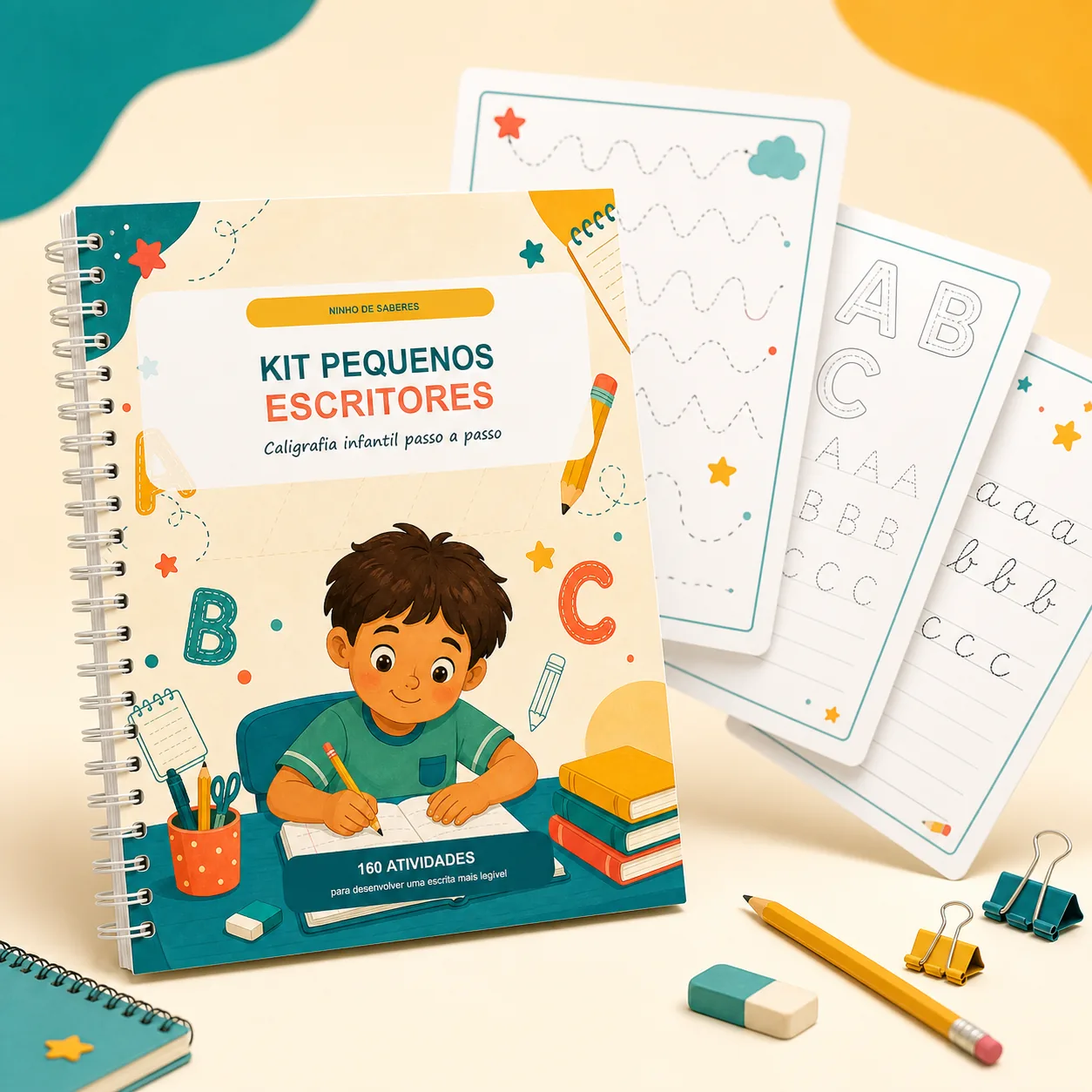 Capa e exemplos das atividades do kit