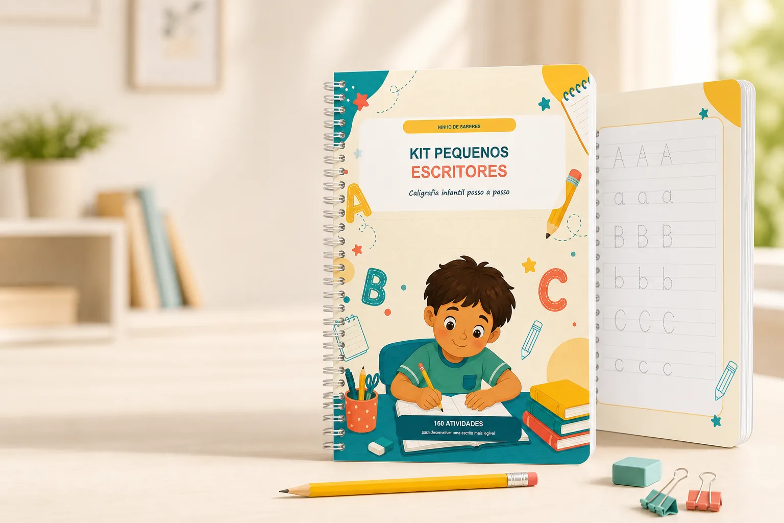 Mockup do Kit Pequenos Escritores e páginas de caligrafia